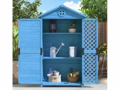 Merax Caseta de jardín de madera maciza con techo inclinado resistente a la intemperie - 2 puertas 3 estantes - 90 x 56,5 x 175,3 cm - Azul