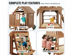 Cabaña Infantil|Casita de Juegos para Niños, SucceBuy - Casa de Juegos de Madera para Exteriores con Tobogán, Escalera y Ventana, Casa de Juegos de Jardín