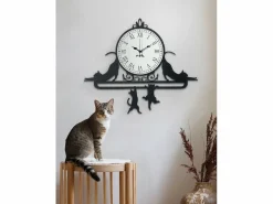 Cattitude Reloj de pared de hierro de 62x52 cm con gatos decorativos Esfera blanca con números romanos Diseño elegante original Fabricado en Italia Negro Outlet