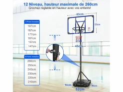 DripeX Cesta De Baloncesto|Cesta de baloncesto, altura ajustable 147-260 cm, con PC de pared posterior de 83x53 cm y base ampliada, 2 ruedas, para niños/adultos-86x83x260cm
