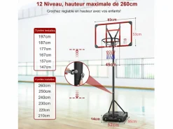 Cesta de baloncesto, altura ajustable 147-260 cm, con PC de pared posterior de 83x53 cm y base ampliada, 2 ruedas, para niños/adultos-86x83x260cm^DripeX Best