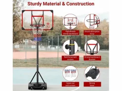 Cesta de baloncesto, altura ajustable 147-260 cm, con PC de pared posterior de 83x53 cm y base ampliada, 2 ruedas, para niños/adultos-86x83x260cm^DripeX Best