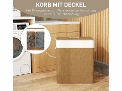 Cesta de bambú para la colada con tapa, bolsa extraíble y lavable, asas de cuerda, marrón (52 x 32 x 63 cm) Marru00f3n New