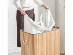 Calicosy Cesta de lavandería de bambú con 3 compartimentos, tapa y asas, 150L - L60 x A61,5 cm Marru00f3n