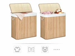 Calicosy Cesta de lavandería de bambú con 3 compartimentos, tapa y asas, 150L - L60 x A61,5 cm Marru00f3n