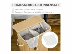 Cesto De Ropa|Cesta de ropa de bambú con tapa, 2 compartimentos, 90 l, con bolsa extraíble, color natural (54,2 x 35,2 x 59,5 cm)