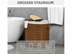 Cesta para la colada de 100 l con tapa y asas, clasificador de ropa con 2 bolsas, bambú, marrón (62,5 x 37 x 60,5 cm) Marru00f3n Sale