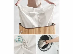 Cesto De Ropa|Cesta para la colada de bambú natural Valora de 3 compartimentos y 150 l con tapa