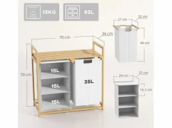 Cesta para la ropa con 4 compartimentos, 2 bolsas extraíbles, bambú, (70x36x70 cm) Blanco New