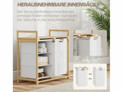 Cesta para la ropa con 4 compartimentos, 2 bolsas extraíbles, bambú, (70x36x70 cm) Blanco New