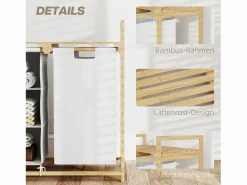 Cesta para la ropa con 4 compartimentos, 2 bolsas extraíbles, bambú, (70x36x70 cm) Blanco New