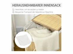 Cesta para la ropa con tapa, 2 compartimentos extraíbles, bambú natural, organizada y ventilada (62,5 x 37 x 60,5 cm) Marru00f3n