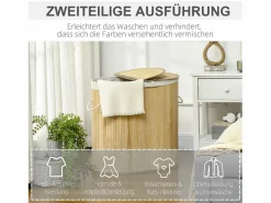 Cesta para la ropa con tapa, 2 compartimentos extraíbles, bambú natural, organizada y ventilada (62,5 x 37 x 60,5 cm) Marru00f3n