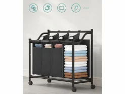 Cesta para la ropa sucia Valora negra de 4 compartimentos con ruedas, 140 l^ New