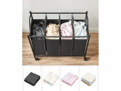 Cesta para la ropa sucia Valora negra de 4 compartimentos con ruedas, 140 l^ New
