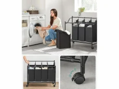 Cesta para la ropa sucia Valora negra de 4 compartimentos con ruedas, 140 l^ New