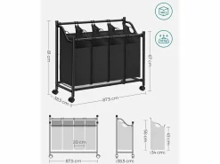 Cesta para la ropa sucia Valora negra de 4 compartimentos con ruedas, 140 l^ New