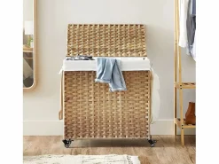 Calicosy Cesto De Ropa|Cesto de ropa con 3 compartimentos sobre ruedas, imitación de junco natural