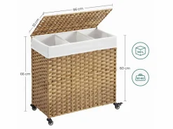 Calicosy Cesto De Ropa|Cesto de ropa con 3 compartimentos sobre ruedas, imitación de junco natural