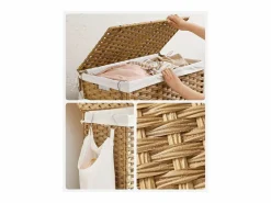 Calicosy Cesto De Ropa|Cesto de ropa con 3 compartimentos sobre ruedas, imitación de junco natural