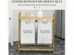 Homcom Cesto de ropa sucia Nalón 2 compartimentos + estante superior bambú /natural 73x33x64 cm Gris Outlet