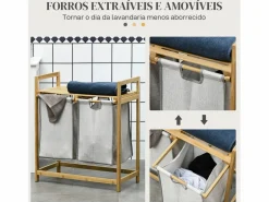 Homcom Cesto de ropa sucia Nalón 2 compartimentos + estante superior bambú /natural 73x33x64 cm Gris Outlet