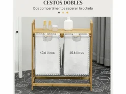 Homcom Cesto de ropa sucia Nalón 2 compartimentos + estante superior bambú /natural 73x33x64 cm Gris Outlet