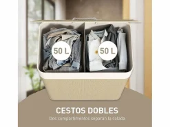 Cesto para ropa sucia Jodie 100L 2 cestas con tapa natural 63x52x32 cm^Homcom Discount