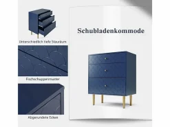 Cómoda 3 Cajones, Almacenamiento Diferente Profundidad, Esquinas Redondeadas, 75x40x89cm Azul Online