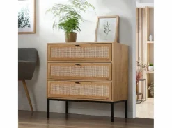 Cómoda 3 cajones efecto madera con rejilla de ratán L80 x P39 cm - JAYA^Calicosy Discount