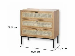 Cómoda 3 cajones efecto madera con rejilla de ratán L80 x P39 cm - JAYA^Calicosy Discount