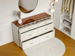 Vente-unique Cómoda|Cómoda 6 cajones en MDF y vidrio templado color blanco lacado y marrón - MATIRINA