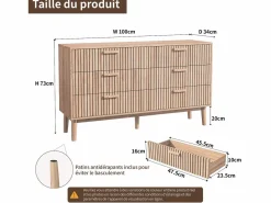 Cómoda acanalada con 6 cajones, Cómoda moderna con almacenaje para recibidor, 100 x 34 x 73 cm, madera Color natural claro Outlet