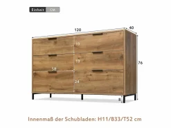 Merax Cómoda|Cómoda, aparador con 6 cajones, 120 x 40 x 76 cm, Tablero de partículas + metal, Roble oscuro
