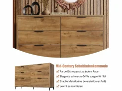 Merax Cómoda|Cómoda, aparador con 6 cajones, 120 x 40 x 76 cm, Tablero de partículas + metal, Roble oscuro