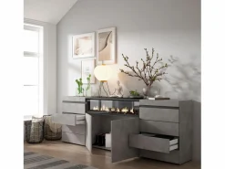 Skraut Home Cómoda, Cajonera, 214x35x75cm, Dormitorio, habitación, Chimenea eléctrica, Cemento Gris Clearance