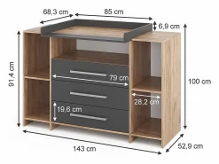 Vicco Mueble De Bebé|Cómoda cambiador antracita/sonoma 143x70x100 oskar