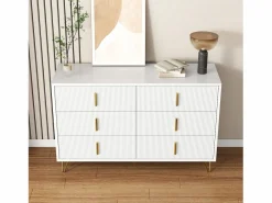 Merax Cómoda con 6 cajones - 120 x 44 x 77 cm - Tablero de partículas y patas de metal dorado - Blanco