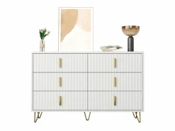 Merax Cómoda con 6 cajones - 120 x 44 x 77 cm - Tablero de partículas y patas de metal dorado - Blanco
