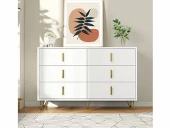 Merax Cómoda con 6 cajones - 120 x 44 x 77 cm - Tablero de partículas y patas de metal dorado - Blanco