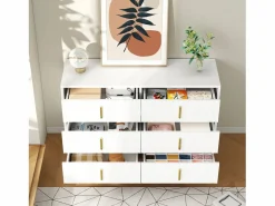 Merax Cómoda con 6 cajones - 120 x 44 x 77 cm - Tablero de partículas y patas de metal dorado - Blanco