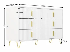 Merax Cómoda con 6 cajones - 120 x 44 x 77 cm - Tablero de partículas y patas de metal dorado - Blanco