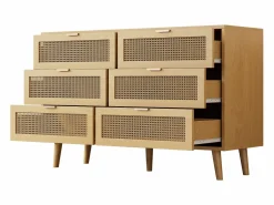 Merax Cómoda con 6 cajones de ratán - 120 x 40 x 76,5 cm - Tablero de partículas + tiradores de metal - Roble Color natural claro Best