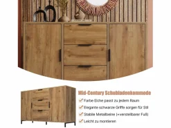 Cómoda con 2 puertas y 3 cajones, 120 x 40 x 76 cm, Tablero de partículas + metal, Roble oscuro^Merax Outlet