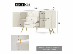 Cómoda con 2 puertas y 3 cajones, 140 x 40 x 84 cm, Tablero de partículas + metal, crema^Merax Best