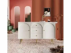 Cómoda con 2 puertas y 3 cajones, 140 x 40 x 84 cm, Tablero de partículas + metal, crema^Merax Best