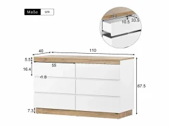 Cómoda de 6 cajones - 110 x 40 x 67,5 cm - para dormitorio y salón - Aglomerado E1 - + roble^Merax