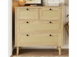 Cómoda de 4 cajones - 80 x 40 x 80 cm - Cajones de ratán - Mueble de almacenaje - Aglomerado - Natural^Merax Sale