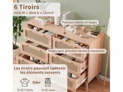 Cómoda de 6 cajones - Cómoda de ratán para dormitorio - Cómoda de madera con tiradores dorados - 100x34x73cm Color natural oscuro Hot
