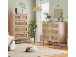 Cómoda de 6 cajones - Cómoda de ratán para dormitorio - Cómoda de madera con tiradores dorados - 100x34x73cm Color natural oscuro Hot